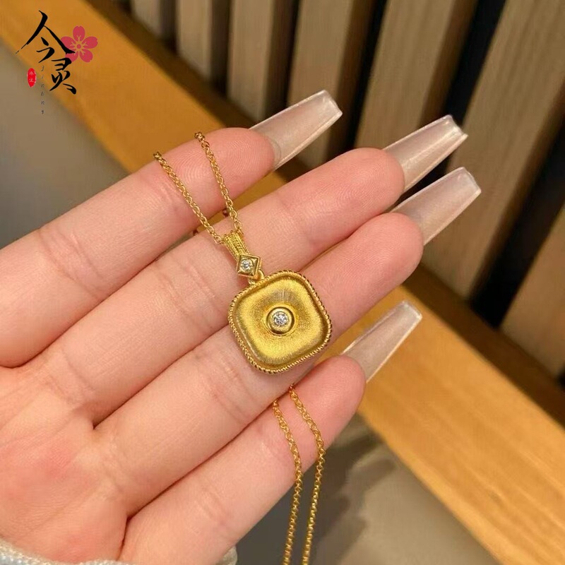 沙金饰品福运平安扣方形吊坠项链女款仿真金小众轻奢高级感颈链|undefined