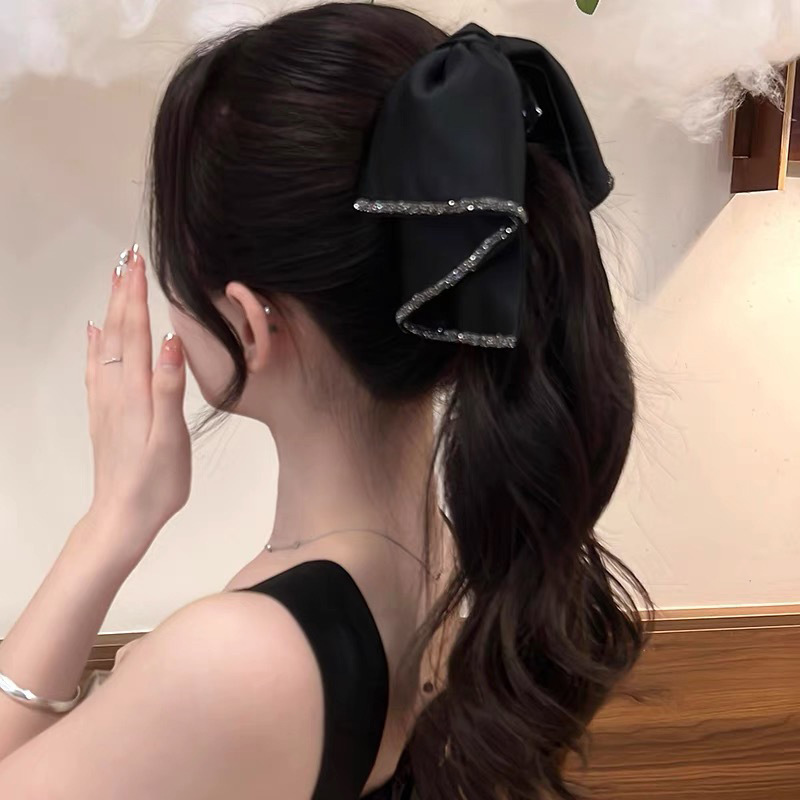 女性用レトロサテンリボンクリップ、ハイエンド、エレガント、ローポニーテールクリップ、後頭部クリップ、ヘアピン|undefined