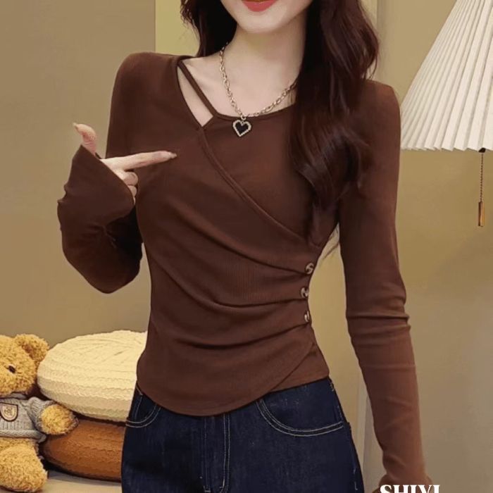 デザイン感のある長袖のデコルテtシャツの女性春と秋の2025韓国版の新型は腰を収めて身を修めてやせています。|undefined