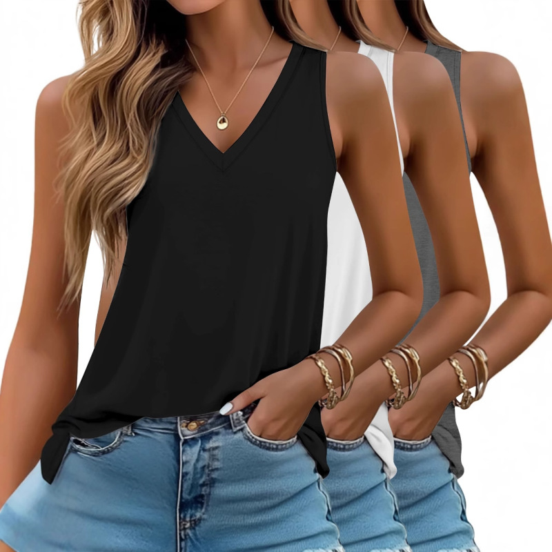 [Three-Piece Set] Cross-Border Women's Sleeveless Vest Summer V Neck T-Shirt Pure Color Vest Loose Casual Sports Top