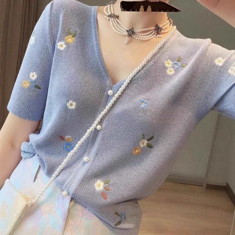New Ice Silk Knitted Shirt Short-sleeved T-shirt Women's Thin Summer V-neck Embroidered Loose Slim Look All-match Beaded Top