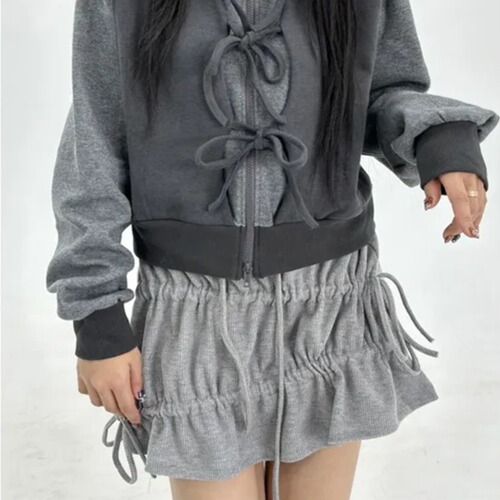 2-color in-stock South Korean Instagram summer ribbed drawstring bow pleated skirt A-line skirt Japanese vintage style