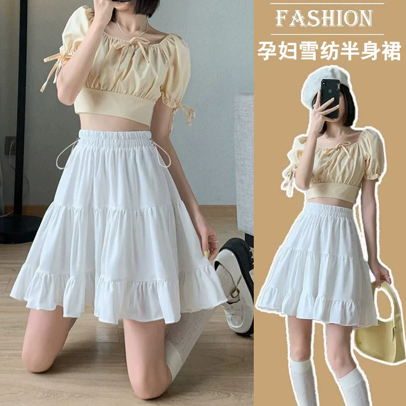 Summer fitted pleated skirt for pregnant, high waist, A-line