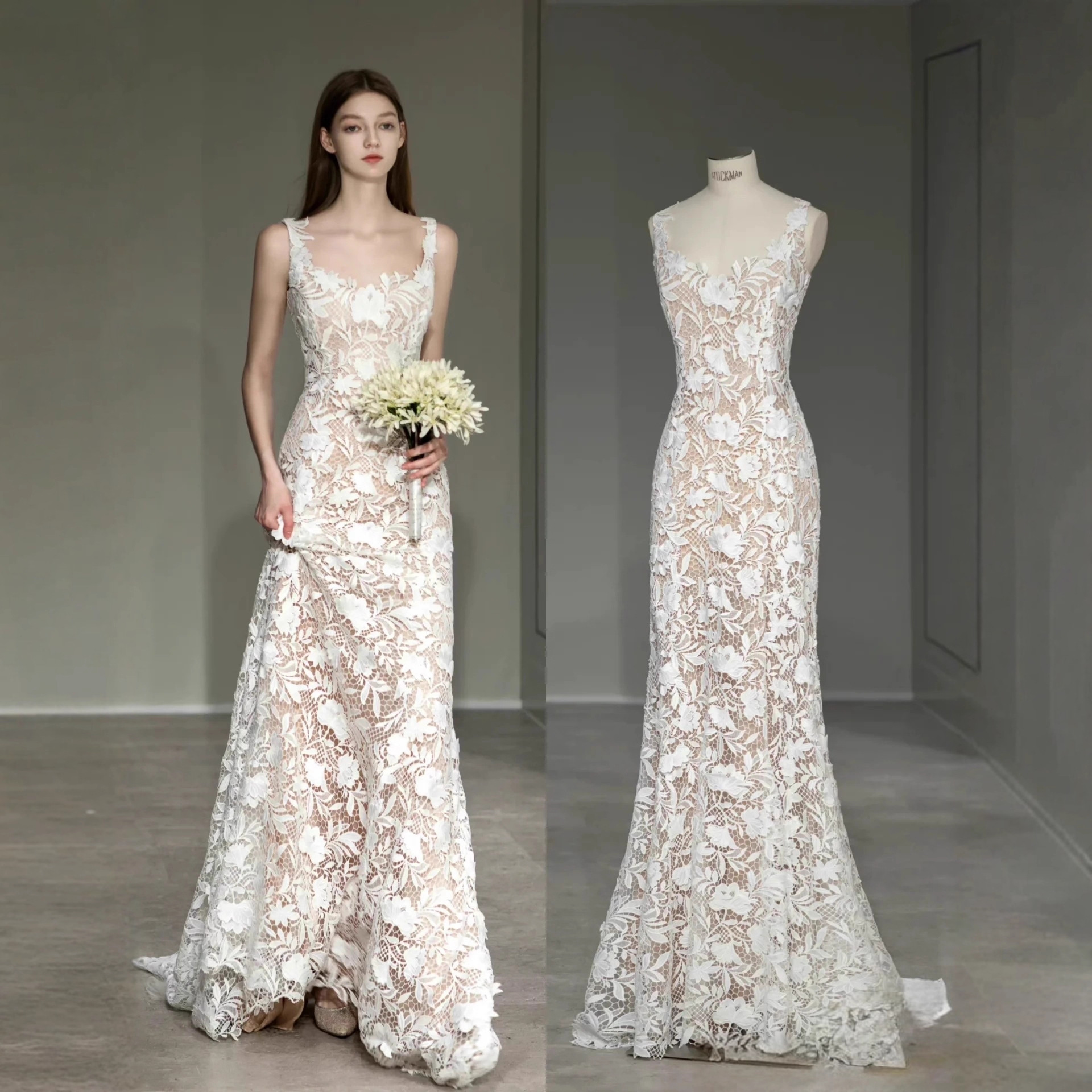New Cross-Border Foreign Trade Spaghetti Strap Sheer Lace Mermaid Slim Wedding Dress for Outdoor Photoshoots and Toasts