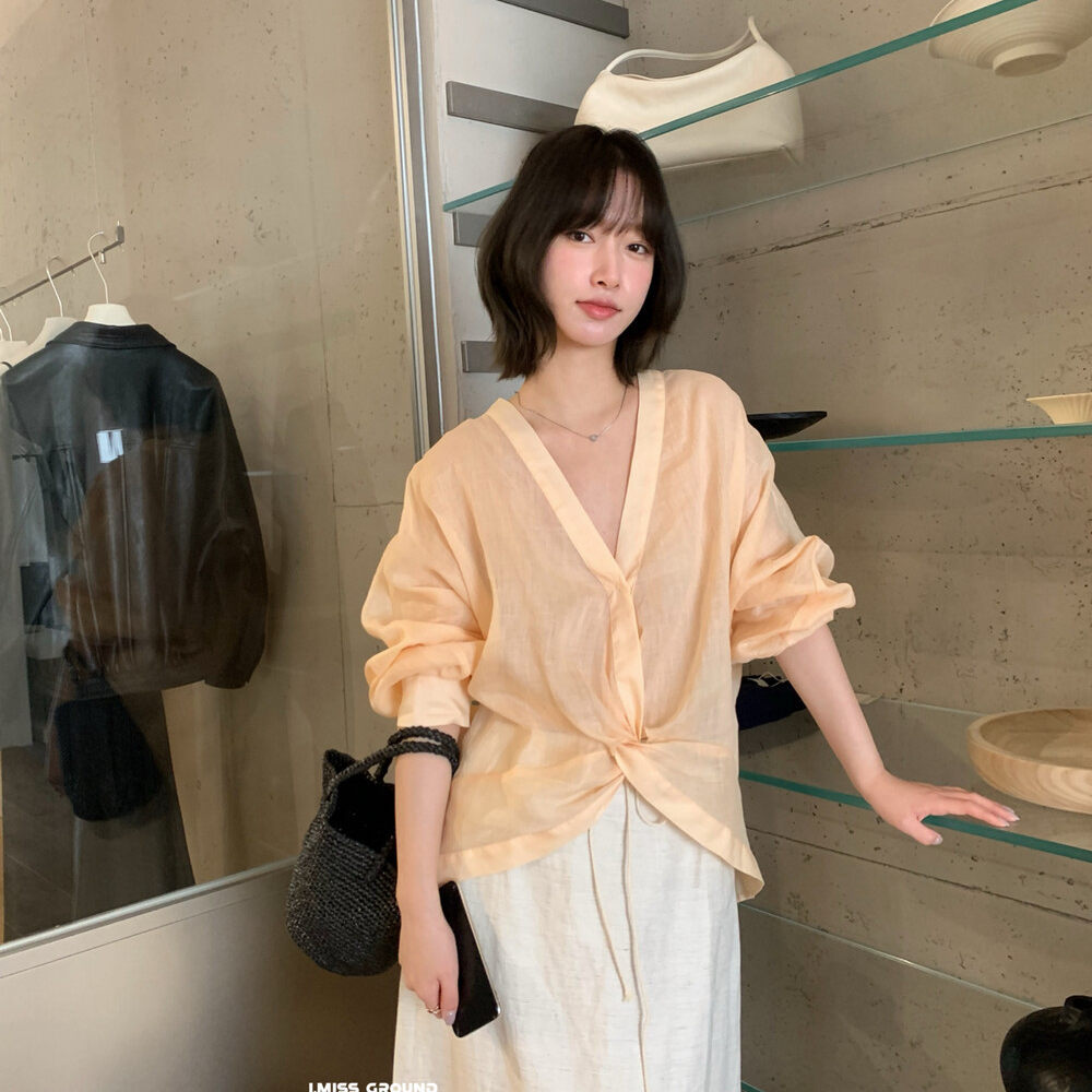 Áo sơ mi nữ dài tay cổ V chất liệu ramie thoáng mát, thiết kế nút thắt phía trước, form rộng — Xanh nước biển, màu hồng, màu cam