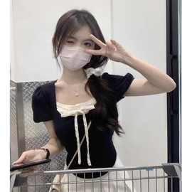 甜辣妹短袖t恤女夏季芭蕾风设计感小众修身短款假两件方领上衣ins