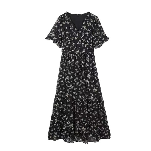 Chiffon floral dress, summer boho-style French-inspired kikyo ankle-length skirt—slimming black design for women