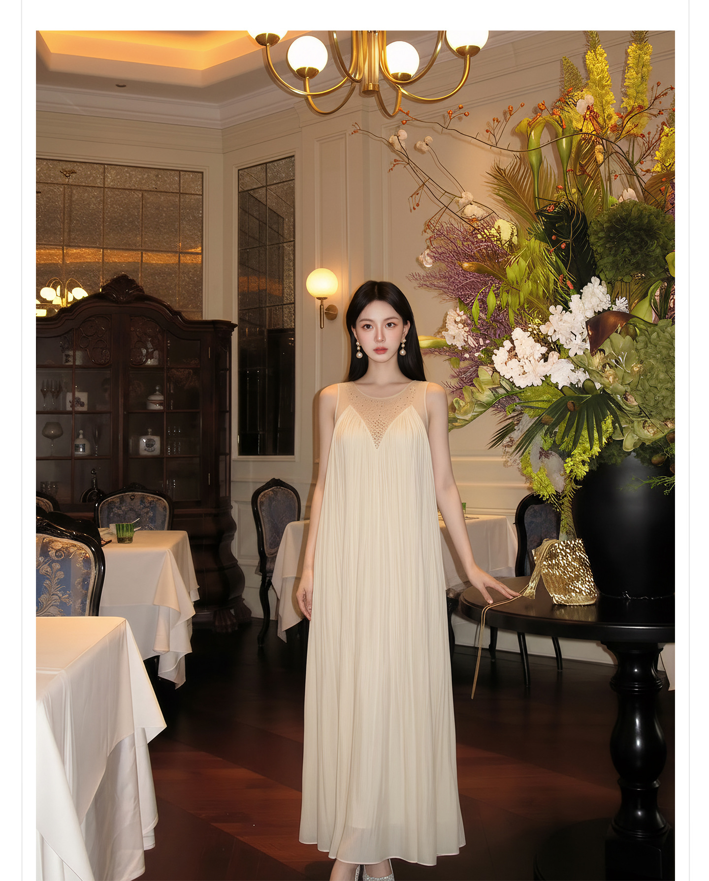 Đầm maxi nữ thắt eo không tay, cổ tròn, phối ren và vải lưới đính đá, tay áo xếp ly bồng — màu nâu, màu mơ chi tiết 9