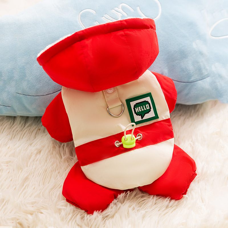 Gatos otoño y invierno caliente y grueso color contrastante empalme cuerda de dibujo de cuatro patas carga ropa de algodón perro Teddy ropa de mascota gato