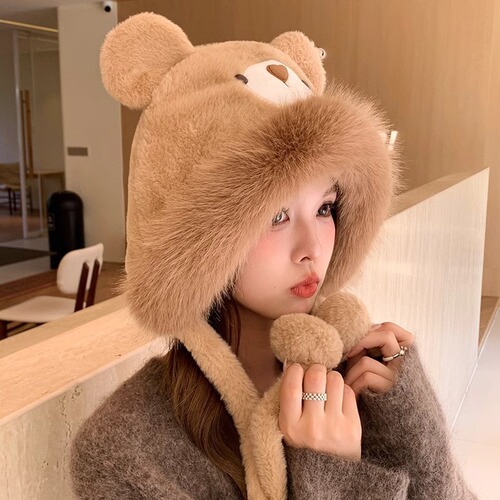 Plush Teddy Bear Hat for Girls - Autumn/Winter, Cute, Face-Smoothing, Windproof, Warm, Ear-Protecting, Versatile Pull-Over Hat