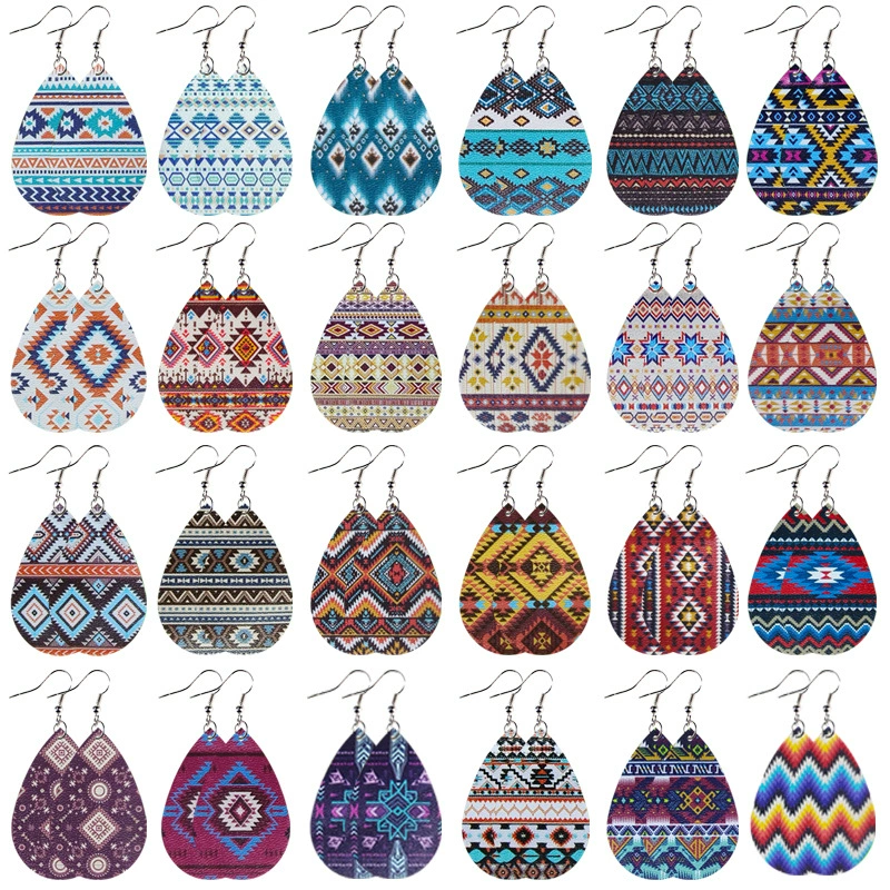 Серьги из кожи в форме слезы, западный племенной тату-близ patterns, лёгкие 6.8×3×0.5 см