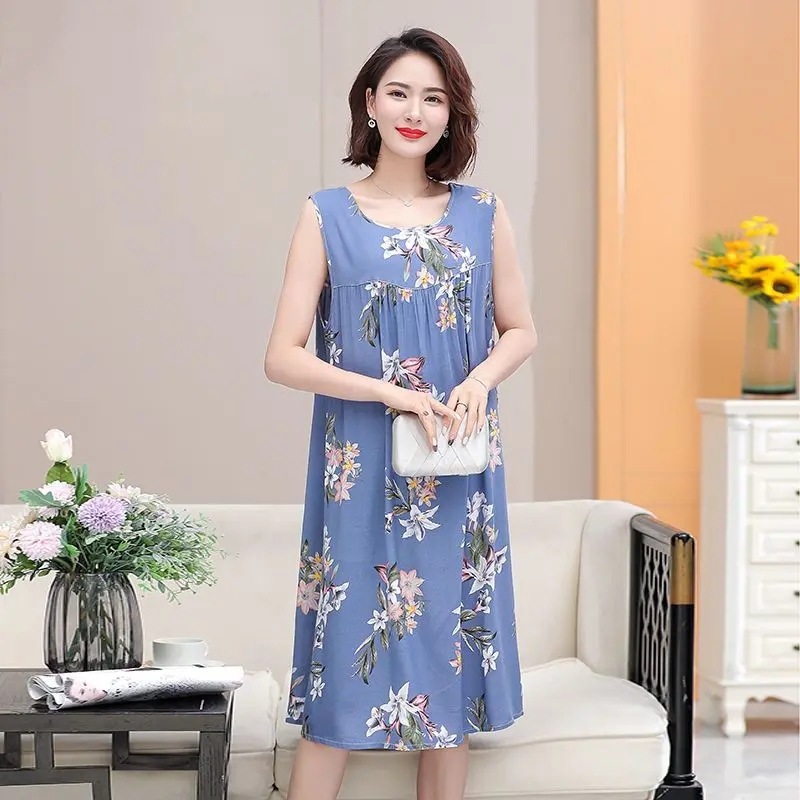 棉绸睡裙睡衣女夏款宽松大码中长款裙子人造棉家居服无袖连衣裙|undefined