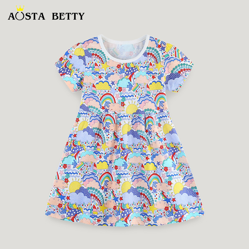 Vestidos de niña estilo europeo y americano, vestidos de princesa con estampado de dibujos animados de moda de verano, vestidos de algodón tejido para niñas pequeñas
