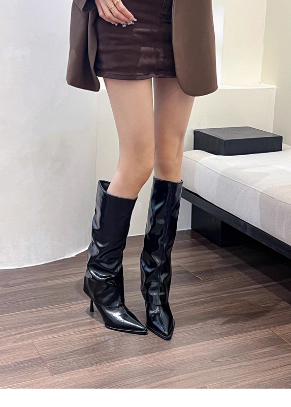 漆皮裤管靴尖头高筒细跟高跟长筒靴不过膝长靴子女秋冬辣妹骑士靴|undefined