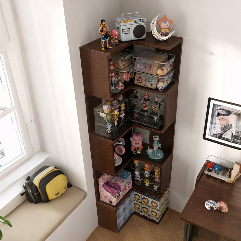 Vitrina hecha a mano, estantería de esquina de madera maciza, estantería, sala de piso a techo, armario de almacenamiento de varios pisos, uno contra la pared