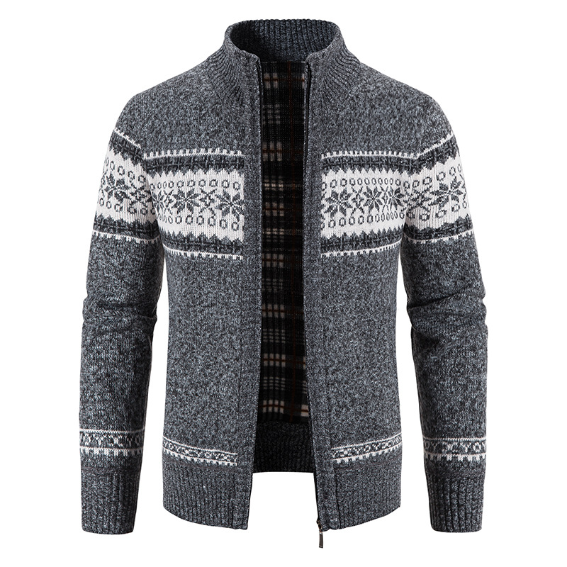 Cross-Border New Autumn and Winter Men's Sweater Jacket with Velvet and Thickened Casual Printed Stand-Up Collar Knitted Cardigan Mixed Batch