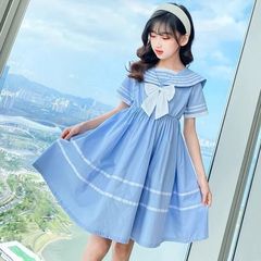 Girls' Summer Dress with New Design Little Chanel Style Bow Navy Collar Dress for Primary and Middle School Students College Style Dress