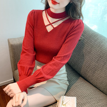 22冬季新款韓版修身顯瘦時尚V領鏤空燈籠袖氣質打底針織衫上衣女