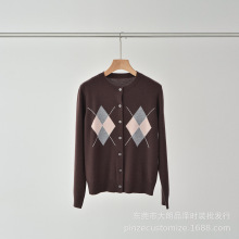 意大利25秋季新款圆领轻奢时尚百搭纯羊毛外搭学院风菱格针织开衫