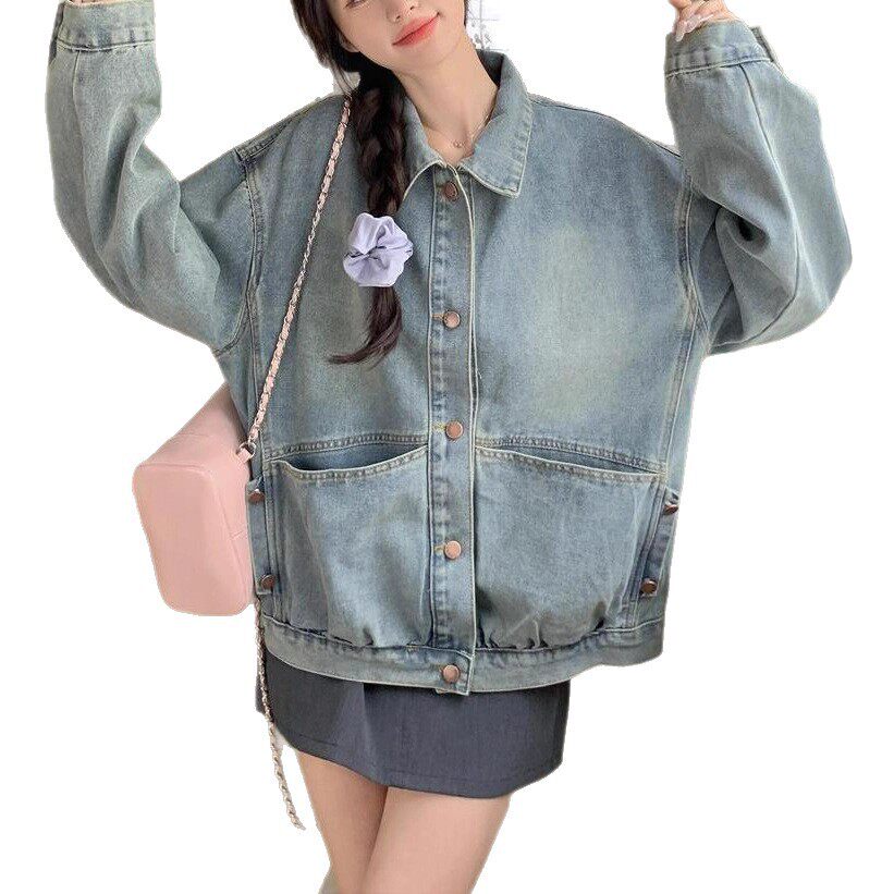 Áo khoác denim nữ dáng rộng phong cách retro, tay dài cổ ve áo — màu xanh denim