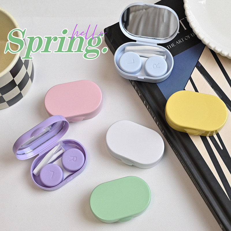 Cream Color Colored Contact Lens Box Storage Duplex Accompanying Box Simple Contact Lens Box Portable Compact Leak-proof with Mirror