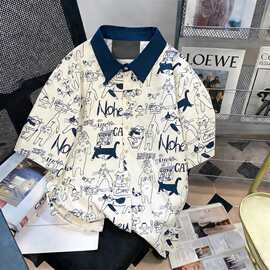 复古趣味卡通印花短袖衬衫女夏季宽松百搭衬衣学院风休闲情侣上衣