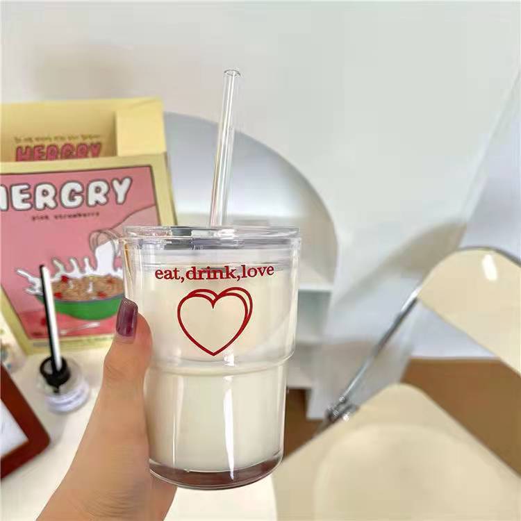 Korean Version High-Quality Glass Water Cup with Straw for Women, Household Use with Lid, Large Capacity Coffee Ins Style Drinking Cup for Men