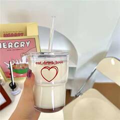 Korean Version High-Quality Glass Water Cup with Straw for Women, Household Use with Lid, Large Capacity Coffee Ins Style Drinking Cup for Men