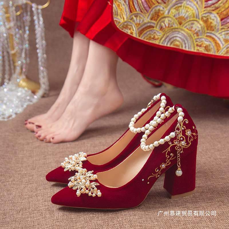 婚鞋女2025年春秋新款粗跟不累脚高跟鞋结婚孕妇红色新娘鞋秀禾鞋|undefined