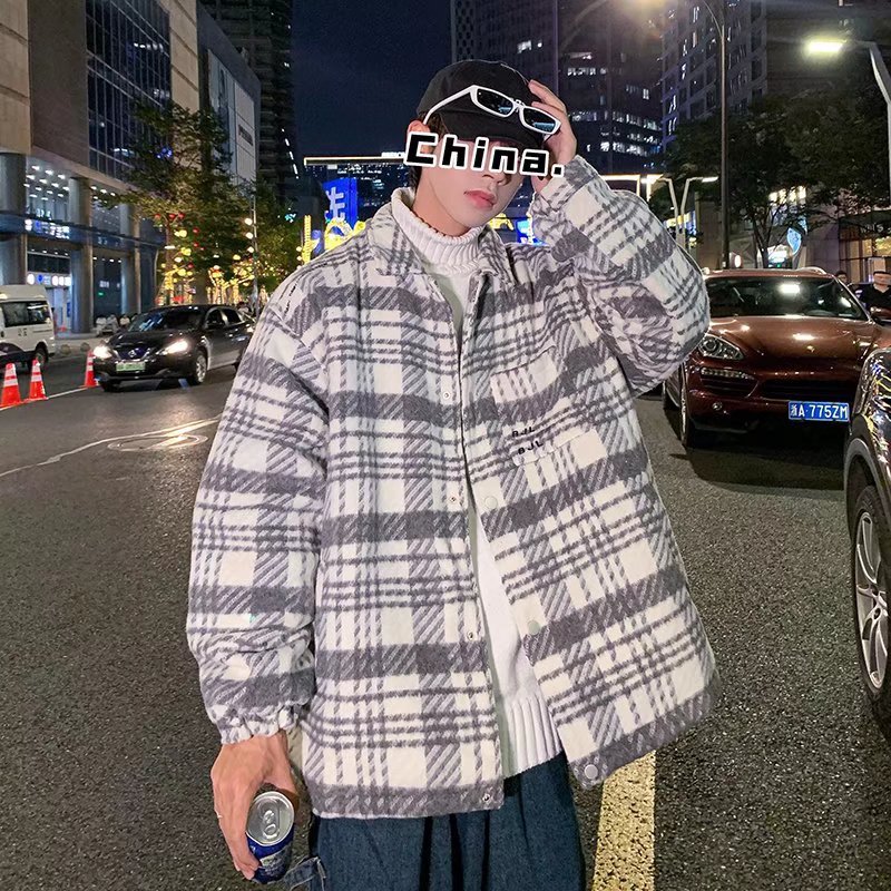 Chaqueta de lana a cuadros para hombres, chaqueta de estilo perezoso de marca de moda suelta de otoño, primavera y otoño ins, ropa de calle de moda coreana