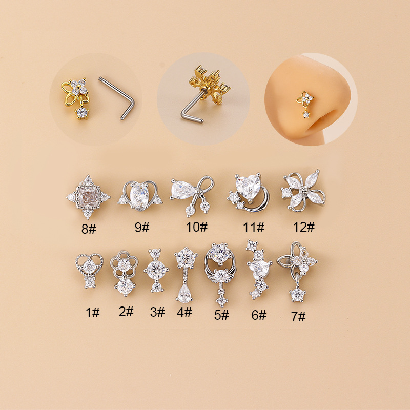 New Trendy European And American Piercing Jewelry Heart Flower Shaped Zircon Stainless Steel L Rod Nose Stud Fashion_voghion.com