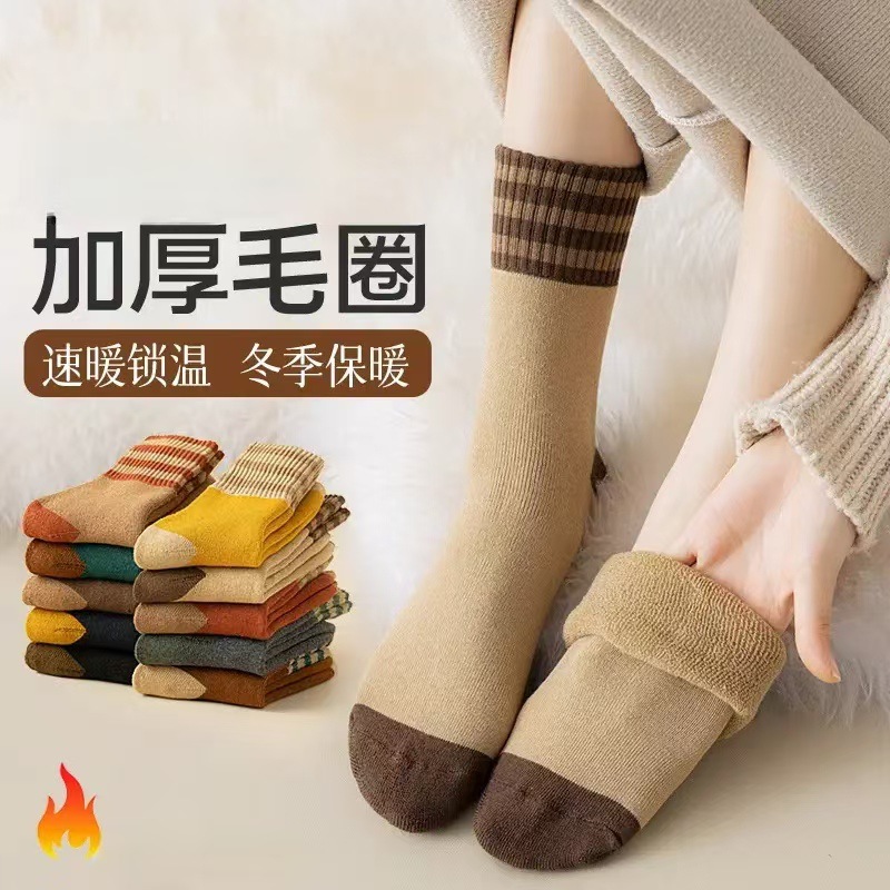 women‘s socks striped winter three bars terry-loop hosiery plus velvet thick mid-calf length socks korean ins fashion warm terry socks