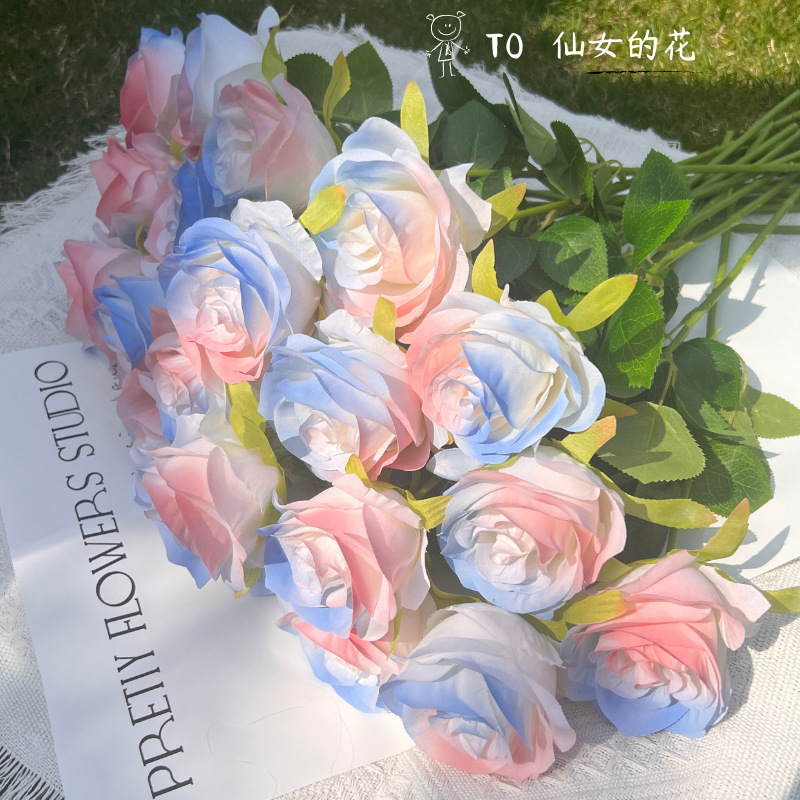 Ins fake roses simulation bouquet ornaments flower arrangement photo high color value diy gift ice blue living room decorative flowers