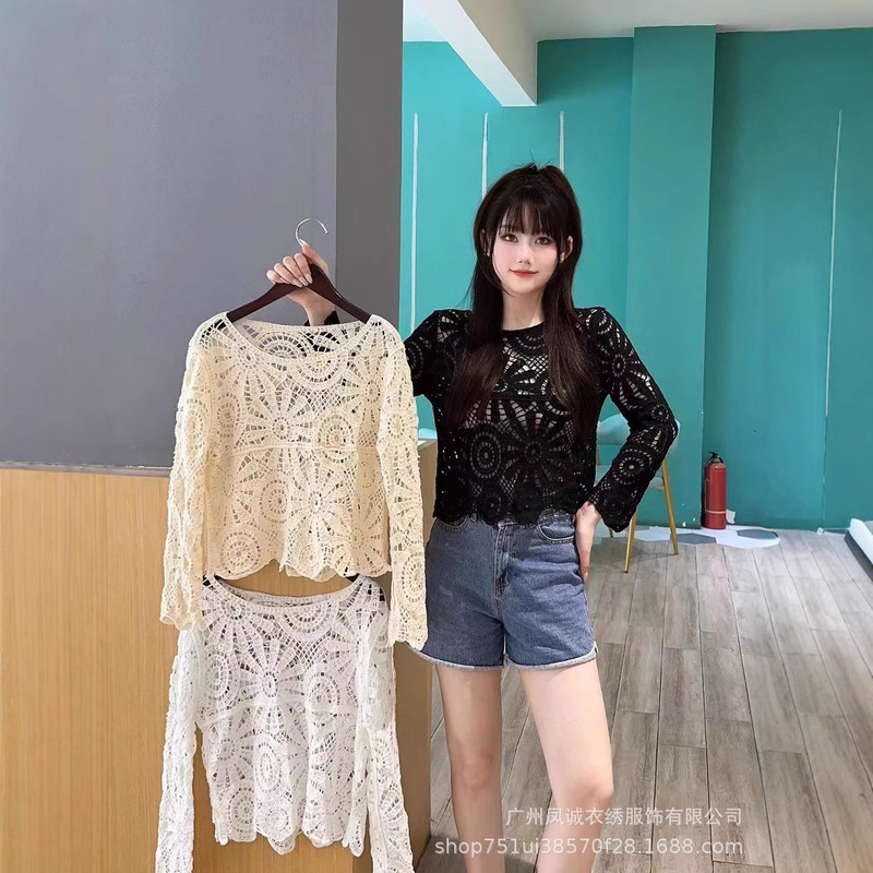 Summer French Hollow Design Knitted Blouse for Women, Lazy Style Niche Long-Sleeved Loose Short Top