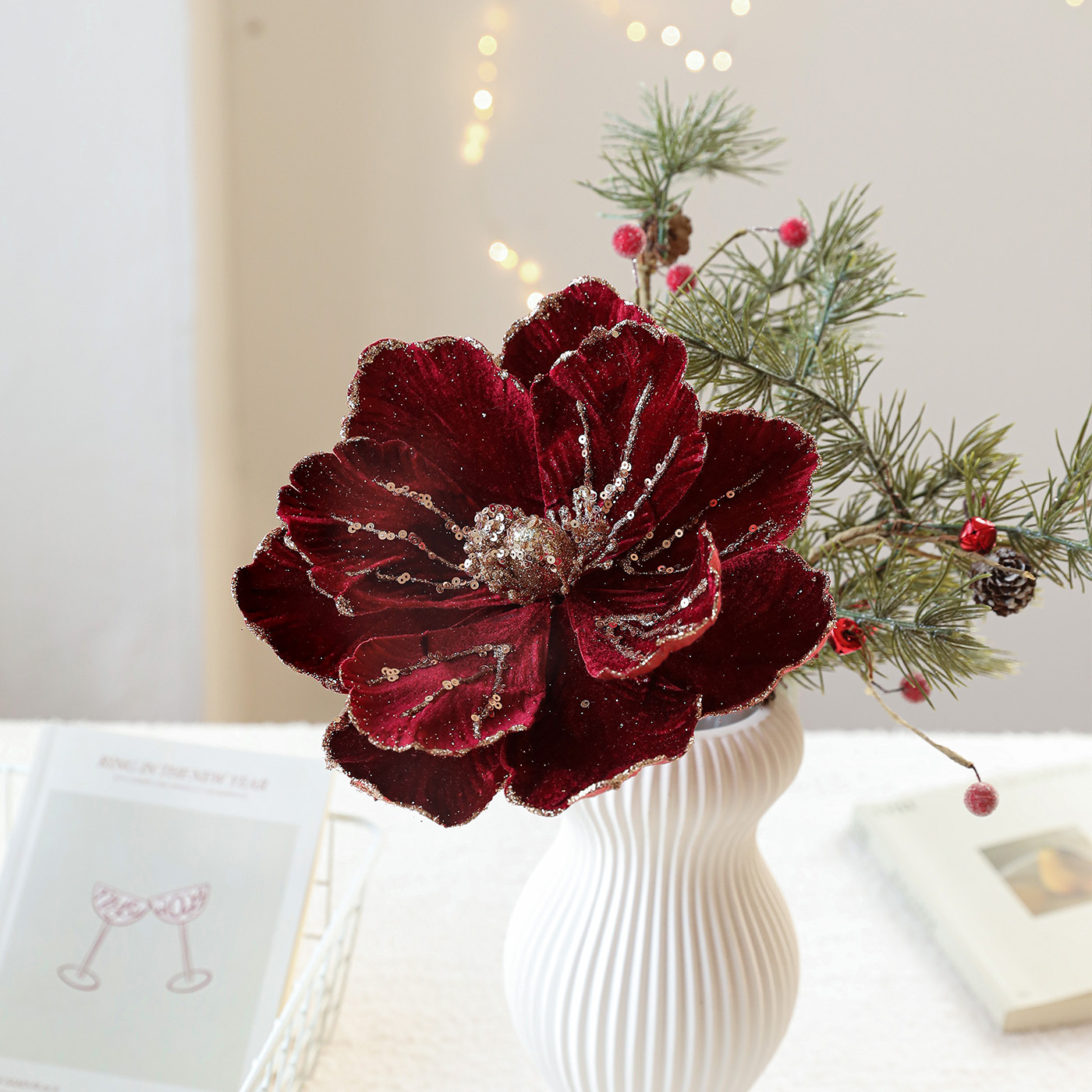 Flores de Navidad de alta calidad flores de simulación lujosas flocado polvo de oro magnolia escenario de decoración de flores