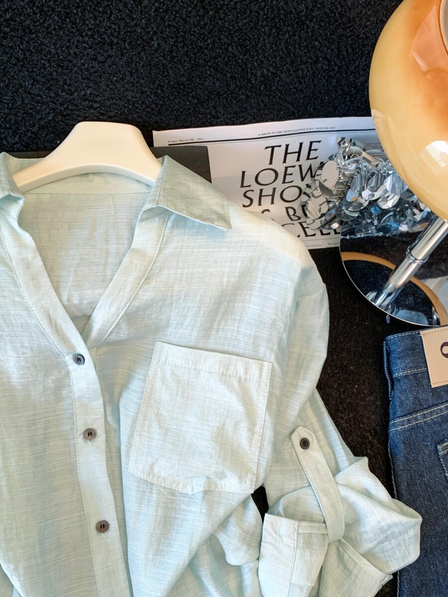 Áo sơ mi chống nắng nữ dài tay dáng rộng chất liệu linen thoáng mát — xanh lam chi tiết 7