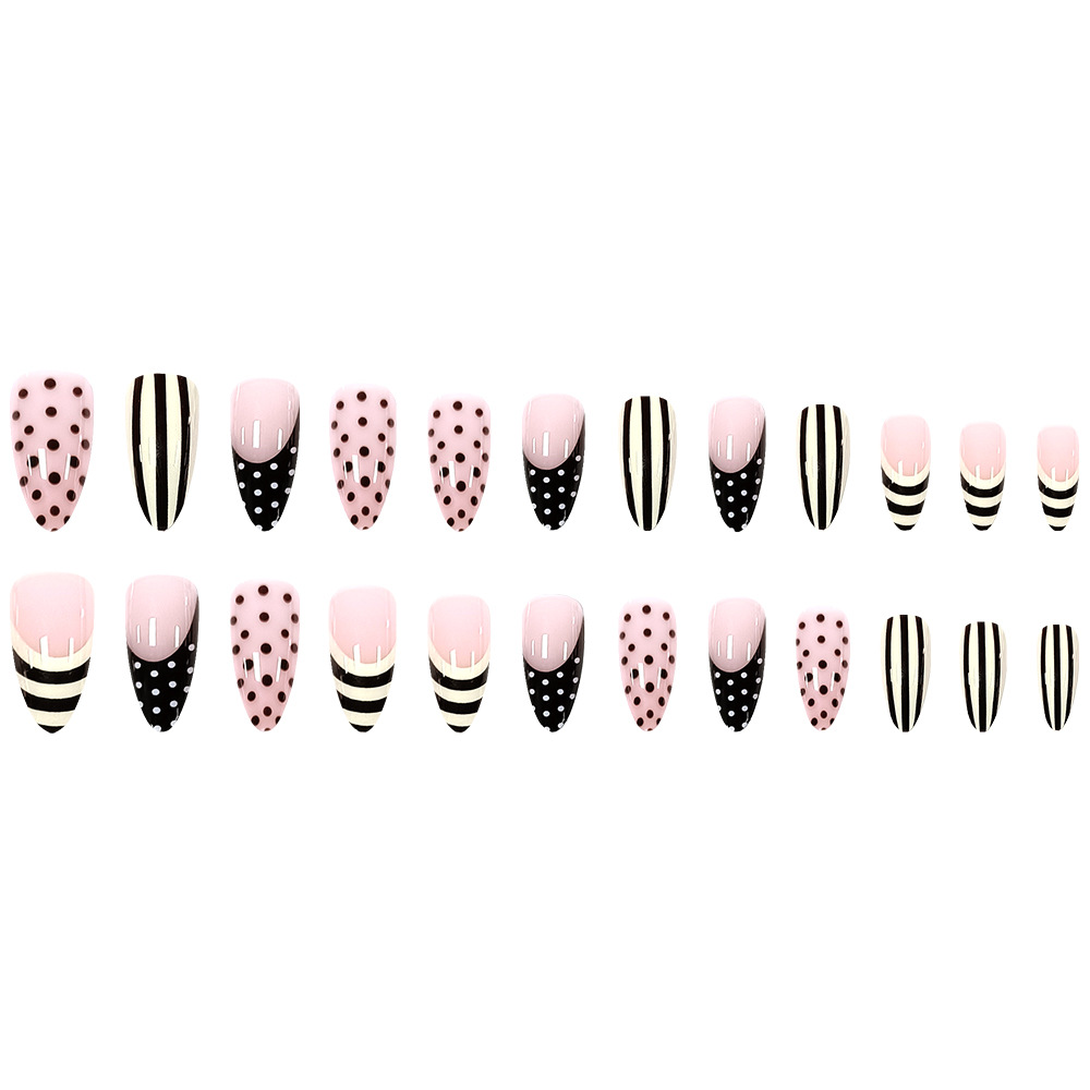 Polvo desnudo ondulado blanco y negro rayas manicure retrógrado transfronterizas francesas desgastadas gotas de uñas 24 piezas de parche de uñas