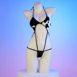 性感情趣内衣毛绒奶牛比基尼 漆皮绑带连体三点式制服诱惑女C2081