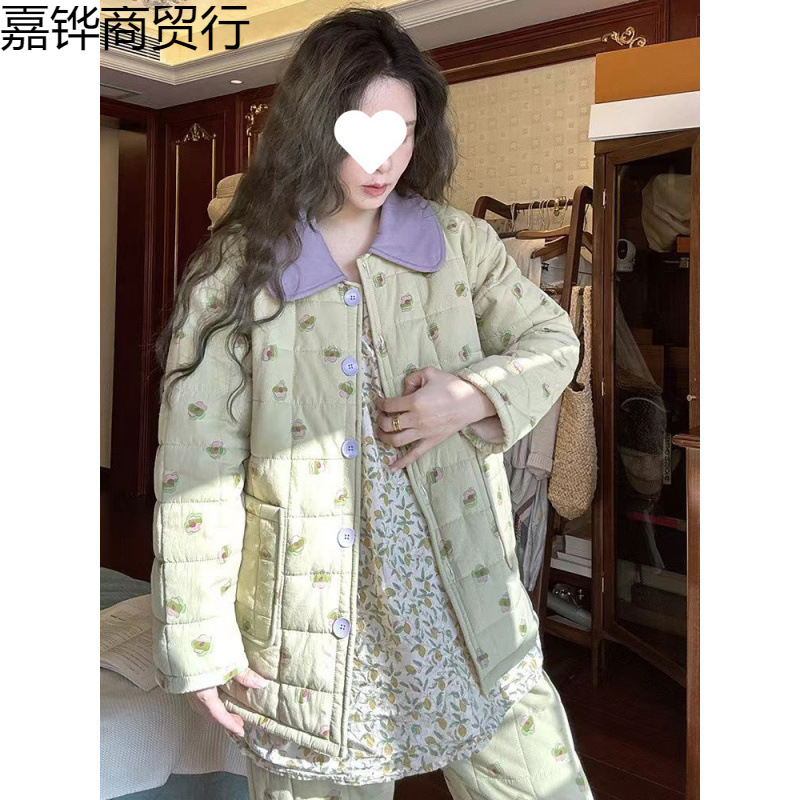 신상품 가을 겨울 3겹 두꺼운 따뜻한 면 파자마 여성 산호 양털 꽃무늬 홈 의류 정장 겨울