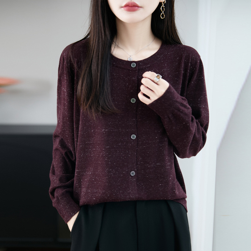25年早秋新款精纺羊毛圆领针织开衫长袖女点子纱宽松百搭上衣外套|undefined