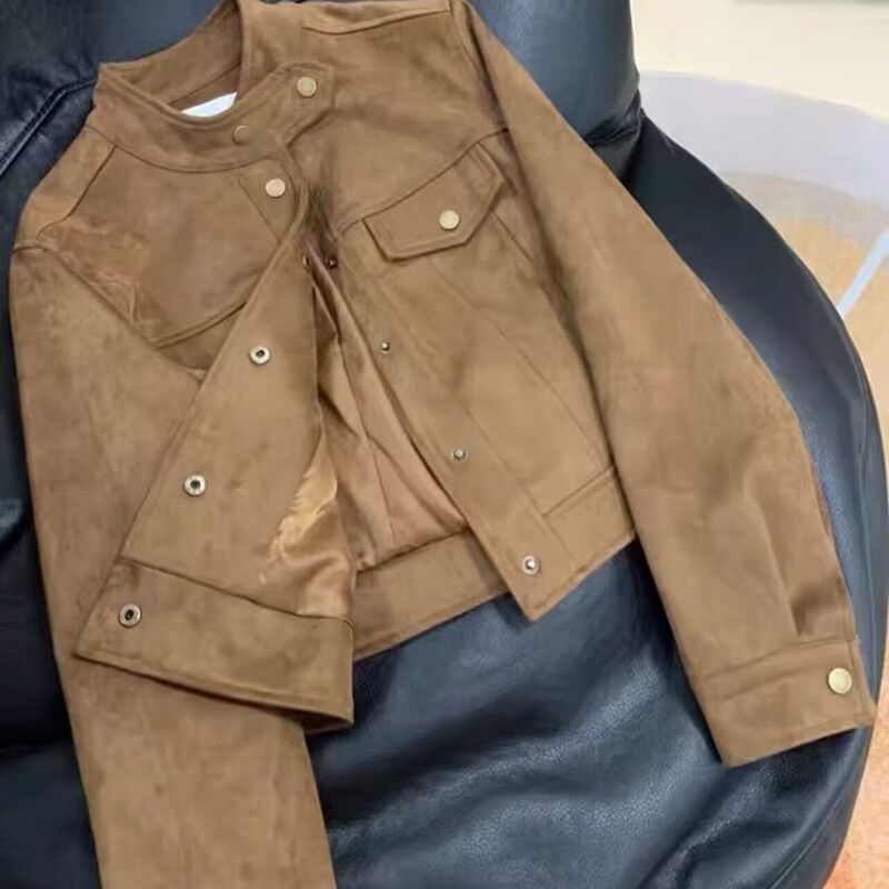 Korean-Style Gentle Suede Thin Jacket for Women, Short Stand-Collar Trendy Workwear Jacket, Versatile and Slimming, Wholesale