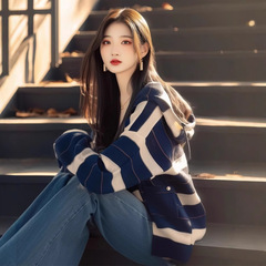 春秋季休闲条纹外套2025新款韩系慵懒风宽松撞色连帽卫衣开衫女