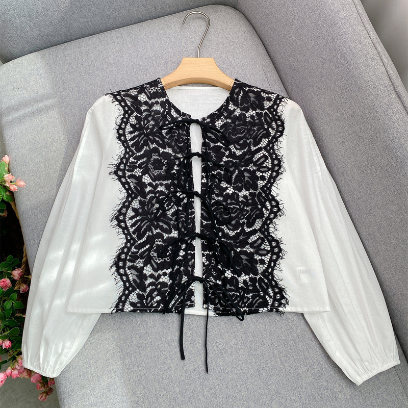 Exquisite Eyelash Lace Flower Pattern Ramie Round Neck Lace Placket Long-Sleeved Shirt Top for Women Romantic Retro