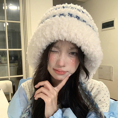 毛茸茸条纹针织毛绒帽女秋冬季保暖百搭帽子大头围显脸小护耳帽潮