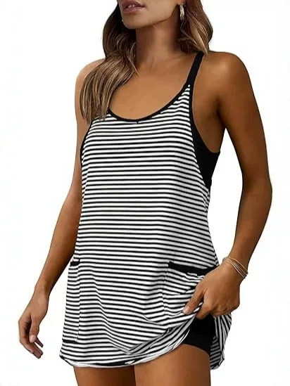 Zhiyoung Women's Summer Sports Mini Dress Sleeveless V-Neck Built-In Shorts Striped Tennis Workout