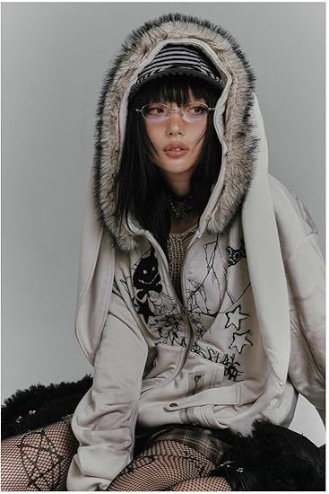 Autumn Winter Season American Street Style Fur Collar Rabbit Ear Zipper Hooded Sweatshirt Jacket Y2K Print Women's Top_voghion.com