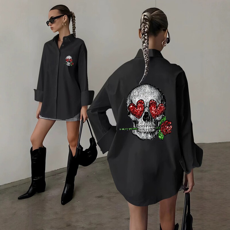 Women's Shirt with 3D Print of Skull, Heart, and Rose on the Back, Turn-Down Collar, Long Sleeves, French Style, High-End Feel Women's Shirt with 3D Print of Skull, Heart, and Rose on the Back, Turn-Down Collar, Long Sleeves, French Style, High-End Feel
