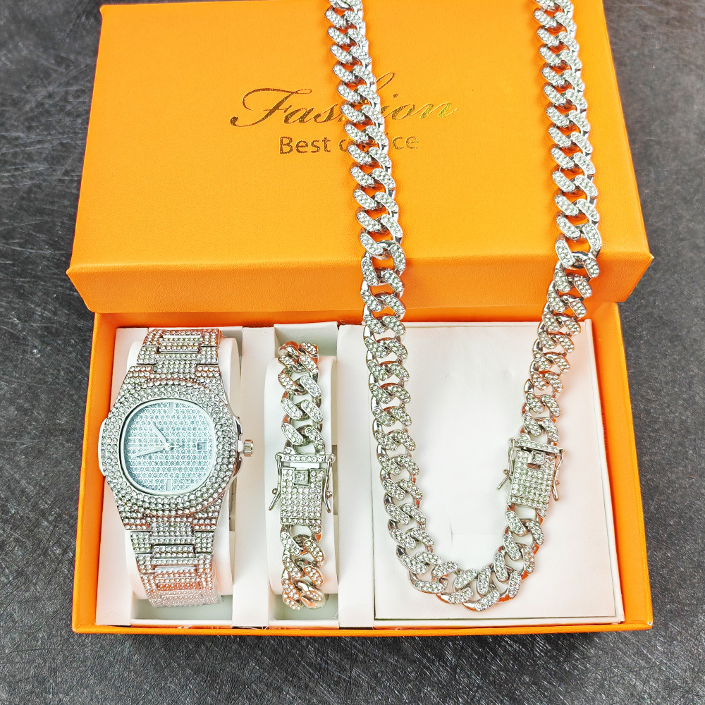 Hip Hop Watch + Bracelet + Necklace + Box Set, Diamond-Encrusted Watch Set Hip Hop Watches Set