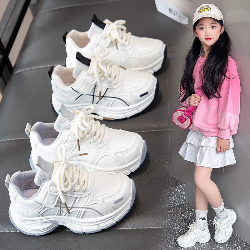 女童鞋子2026春季新款中大童老爹鞋高颜值男童皮面小白儿童运动鞋