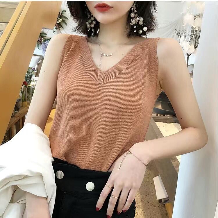 Summer Ice Silk Knitted Sling Solid Color V-neck Sleeveless Backless Top Outer Base Vest